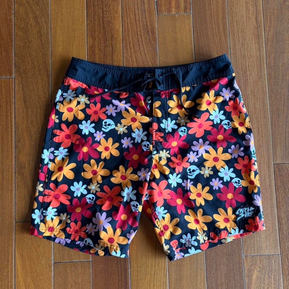 Men's Black Floral Swim Trunks with Multicolor Flowers